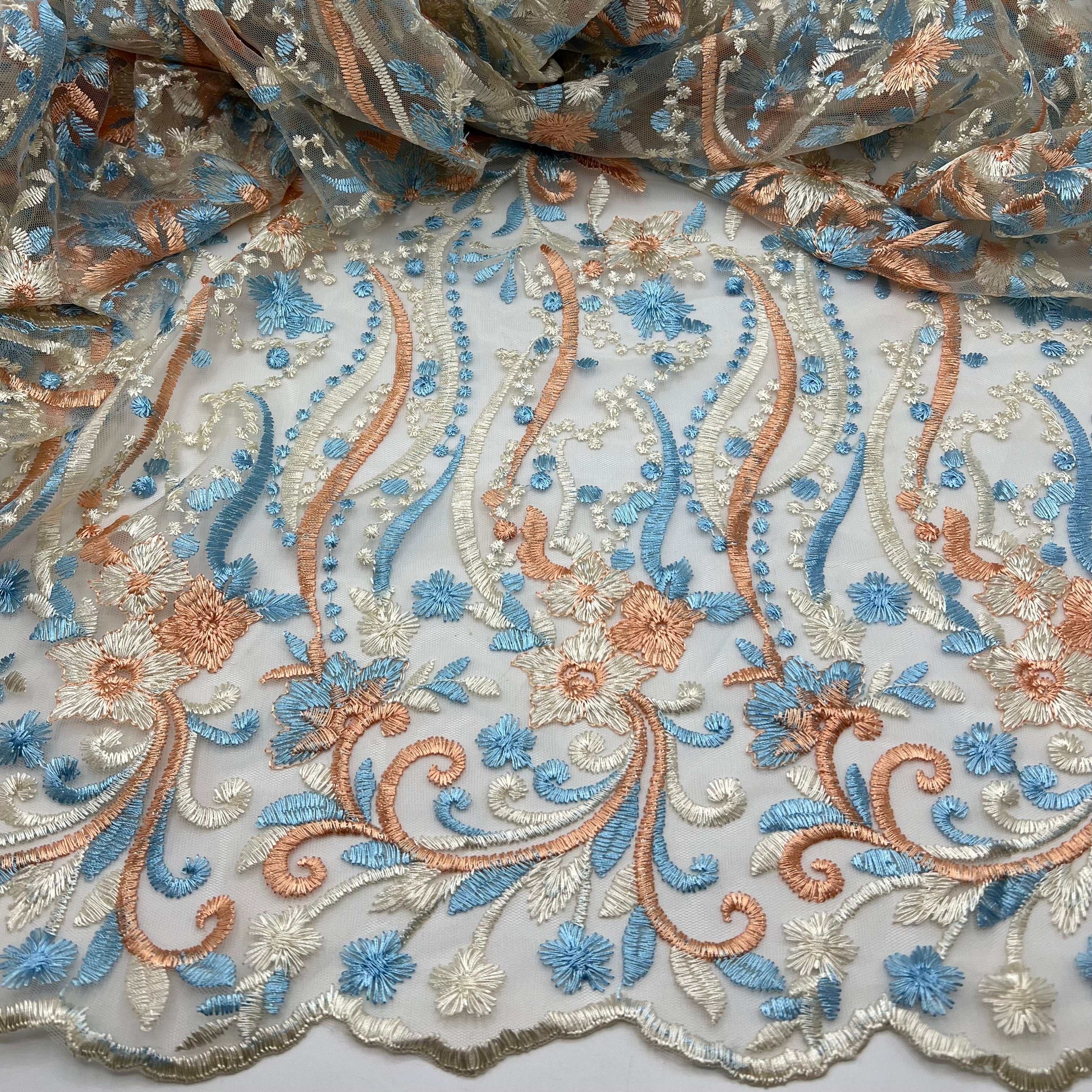 Blue Coral Beige Floral Embroidered Tulle Lace Fabric